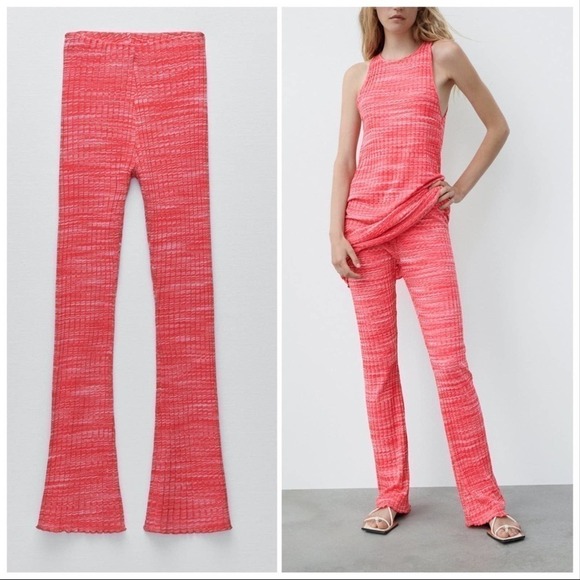 ZARA Pink Ribbed High Rise Flare Pull On Pants Size Medium - Picture 1 of 10